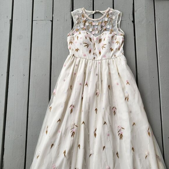 ModCloth The Simple‎ Truth Cream Pink Embroidered Tulle Maxi Dress Size L - Picture 6 of 10